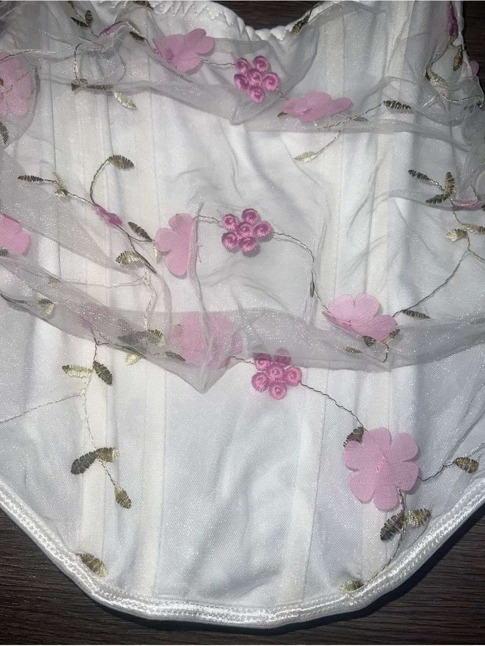White Strapless Floral Mesh Corset Crop Top with Pink Appliqué - Picture 2 of 3